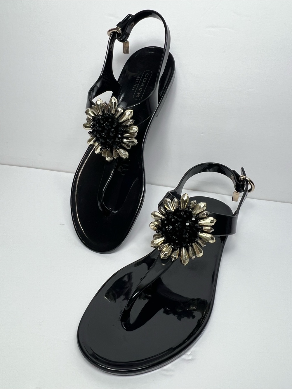 Coach Hilda Black Jelly Thong Sandals  Beaded Flower Crystal Summer Flat Size 7B